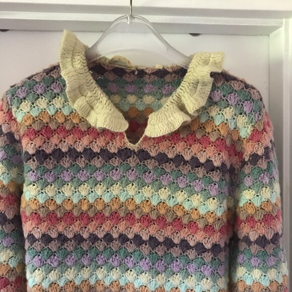 Vintage Sweater Bee Sweater Pastel Multicolor Ruffle collar Bell Sleeve Womens S - Picture 3 of 8